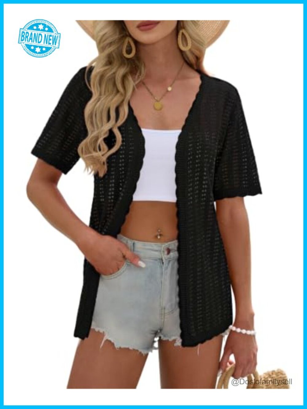Womens Summer Short Sleeve Cardigan Boho Pointelle Knit Cover Up